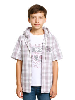 CAVIO - Boys Lavender Cotton Regular Fit Checks Half Sleeves Hooded Shirt with T-Shirt
