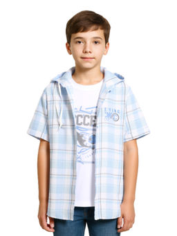 CAVIO - Boys Blue Cotton Regular Fit Checks Half Sleeves Hooded Shirt with T-Shirt