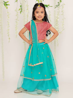 KID1 - Girls Peach Liza Net Frill Lehenga Choli (Set of 3)