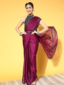 Akhilam - Women's Georgette Wine Embellished Belted Sarees with Unstitched Blouse