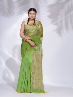 CHARUKRITI - Green Blended Cotton Handwoven Saree with Zari Pallu with Unstitched Blouse