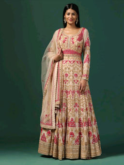 "Two Sisters" by Gyans - Beige Embroidered Anarkali with Dupatta (Set of 2)