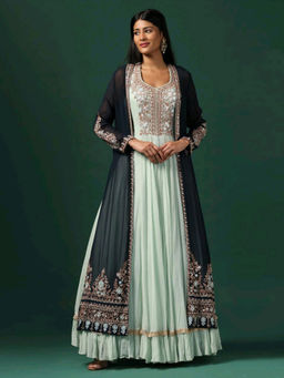 "Two Sisters" by Gyans - Sea Green Anarkali with Cape (Set of 2)