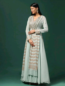 "Two Sisters" by Gyans - Sea Green Anarkali with Cape (Set of 2)