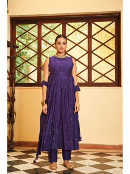 Almaari By Pooja - Chanderi Fabric Purple Anarkali with Pant and Dupatta (Set of 3)