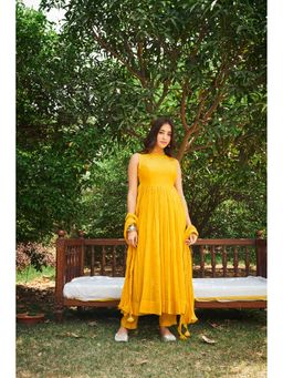 Almaari By Pooja - Chanderi Fabric Yellow Anarkali with Pant and Dupatta (Set of 3)