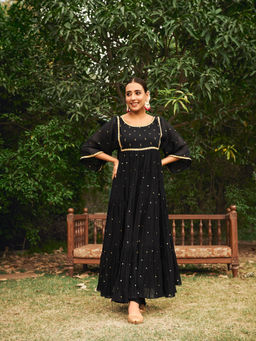 Almaari By Pooja - Chanderi Fabric Black Anarkali with Inner and Pant (Set of 3)