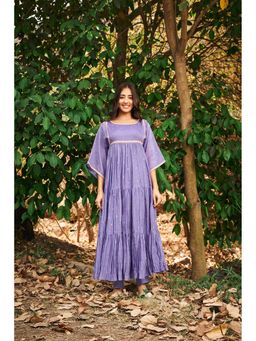 Almaari By Pooja - Chanderi Fabric Purple Anarkali with Inner and Pant (Set of 3)