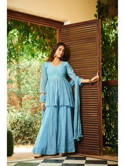 Almaari By Pooja - Chanderi Fabric Blue Peplum Top with Sharara and Dupatta (Set of 3)