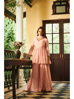 Almaari By Pooja - Chanderi Fabric Peach Peplum Top with Sharara and Dupatta (Set of 3)