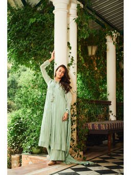 Almaari By Pooja - Chanderi Fabric Green Kurta with Inner, Pant and Dupatta (Set of 4)