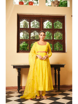 Almaari By Pooja - Chanderi Fabric Yellow Anarkali with Pant and Dupatta (Set of 3)