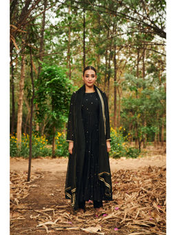 Almaari By Pooja - Chanderi Fabric Black Anarkali with Pant and Dupatta (Set of 3)