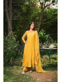 Almaari By Pooja - Chanderi Fabric Yellow Anarkali with Pant and Dupatta (Set of 3)