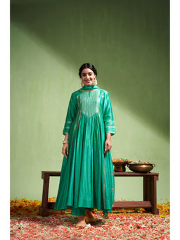 Almaari By Pooja - Chanderi Fabric Green Anarkali with Pant and Dupatta (Set of 3)
