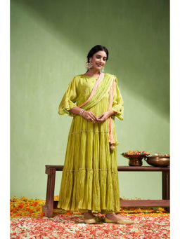 Almaari By Pooja - Chanderi Fabric Green Anarkali with Pant and Dupatta (Set of 3)