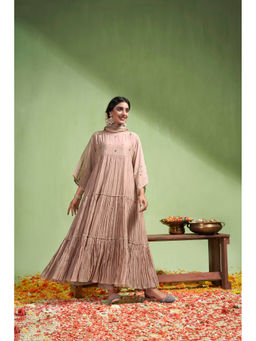 Almaari By Pooja - Chanderi Fabric Pink Anarkali with Inner, Pant and Dupatta (Set of 4)