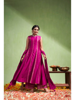 Almaari By Pooja - Chanderi Fabric Pink Anarkali with Pant and Dupatta (Set of 3)