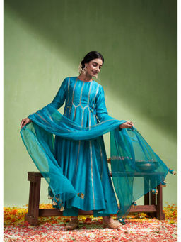 Almaari By Pooja - Chanderi Fabric Teal Blue Anarkali with Pant and Dupatta (Set of 3)