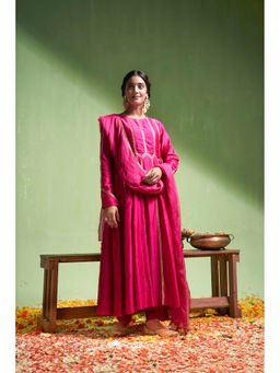 Almaari By Pooja - Chanderi Fabric Pink Anarkali with Pant and Dupatta (Set of 3)