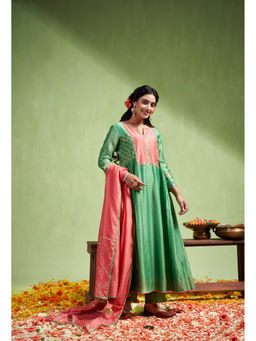 Almaari By Pooja - Chanderi Fabric Green Anarkali with Pant and Dupatta (Set of 3)