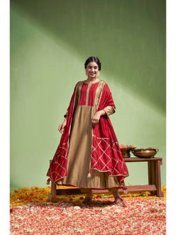 Almaari By Pooja - Chanderi Fabric Brown Anarkali with Pant and Dupatta (Set of 3)