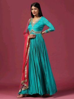 "Two Sisters" by Gyans - Teal Blue Anarkali with Dupatta (Set of 2)
