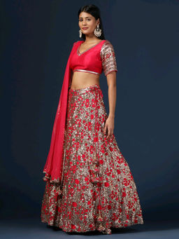 "Two Sisters" by Gyans - Rani Pink Embellished Lehenga with Blouse and Dupatta (Set of 3)
