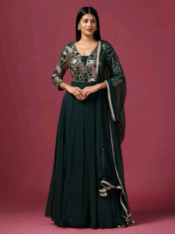 "Two Sisters" by Gyans - Green Antique Sequin Work Anarkali with Dupatta (Set of 2)