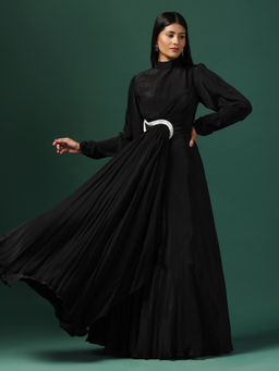 "Two Sisters" by Gyans - Black Draped Gown with Pearl and Crystal Motif
