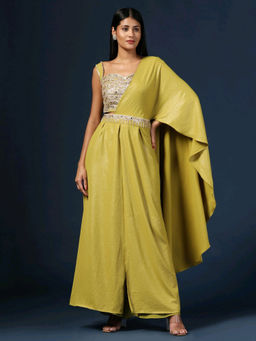 "Two Sisters" by Gyans - Green Embellished Crop Top with Palazzo, Belt and Dupatta (Set of 4)