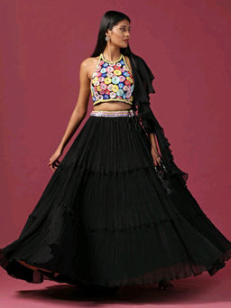 "Two Sisters" by Gyans - Black Embroidered Lehenga with Blouse and Dupatta (Set of 3)