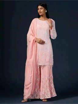 "Two Sisters" by Gyans - Pink Embroidered Kurta with Pant and Dupatta (Set of 3)