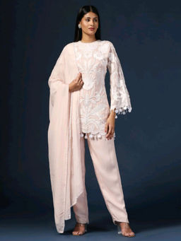 "Two Sisters" by Gyans - Embroidered Pink Kurta with Pant and Dupatta (Set of 3)