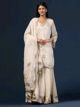 "Two Sisters" by Gyans - Off White Kurta with Sharara and Dupatta (Set of 3)