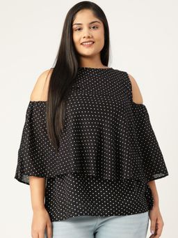 theRebelinme - Plus Size Black Polka Dot Printed Cold Shoulder Sleeves Layered Top