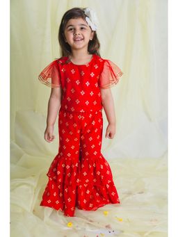 SAKA DESIGNS - Girl Red Printed Top and Sharara (Set of 2)