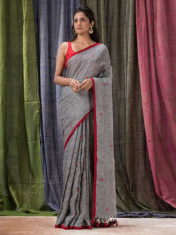 Angoshobha - Grey Traditional Handloom Linen Jamdani Saree with Unstitched Blouse