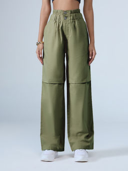 MIXT by Nykaa Fashion - Olive Green Mid Waist Straight Fit Trousers