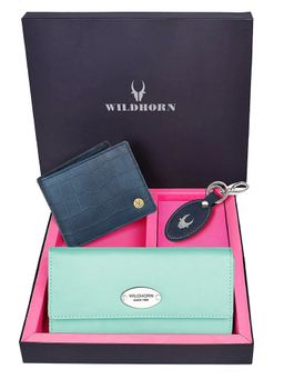 WILDHORN - Premium Leather Ladies Wallet, Mens Wallet and Keychain Gift -1K_PGN_2052BLCR_K (Set of 3)