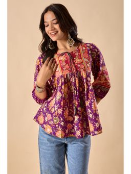 Vbuyz - Women Multi-Color Floral Print A-Line Cotton Stitched Short Top