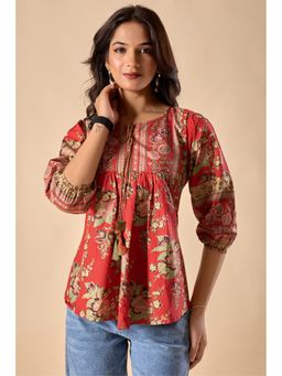 Vbuyz - Women Red Floral Print A-Line Cotton Stitched Short Top
