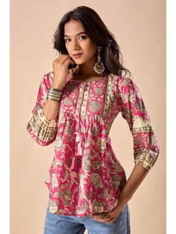 Vbuyz - Women Pink Floral Print A-Line Cotton Stitched Short Top