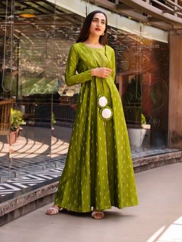Label Rishmaan - Anicha Green Silk Round Neck Jacket with Skirt and Crop Top (Set of 3)