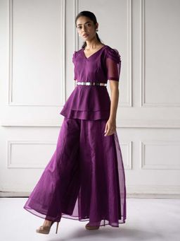 Label Rishmaan - Bella Purple Solid Mirror Work Belt with Top and Palazzo (Set of 3)