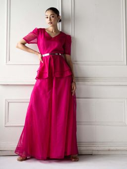 Label Rishmaan - Bella Fuchsia Solid Mirror Work Belt with Top and Palazzo (Set of 3)