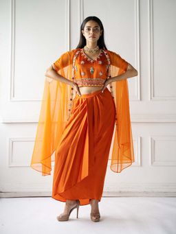 Label Rishmaan - Navrang Embroidered Crop Top with Skirt and Cape (Set of 3)