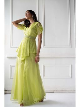 Label Rishmaan - Green Bella Rose Embellished Top and Palazzo (Set of 2)