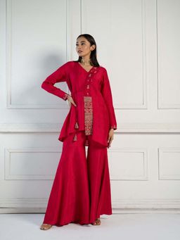 Label Rishmaan - Zara Cherry Red Embellished Top and Sharara (Set of 2)