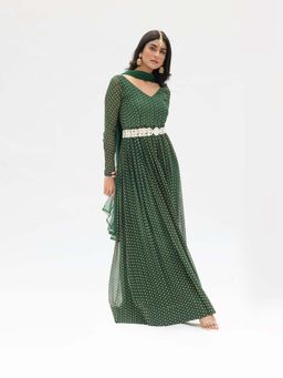 Label Rishmaan - Amaya Bandhani Printed Anarkali with Dupatta and Belt (Set of 3)